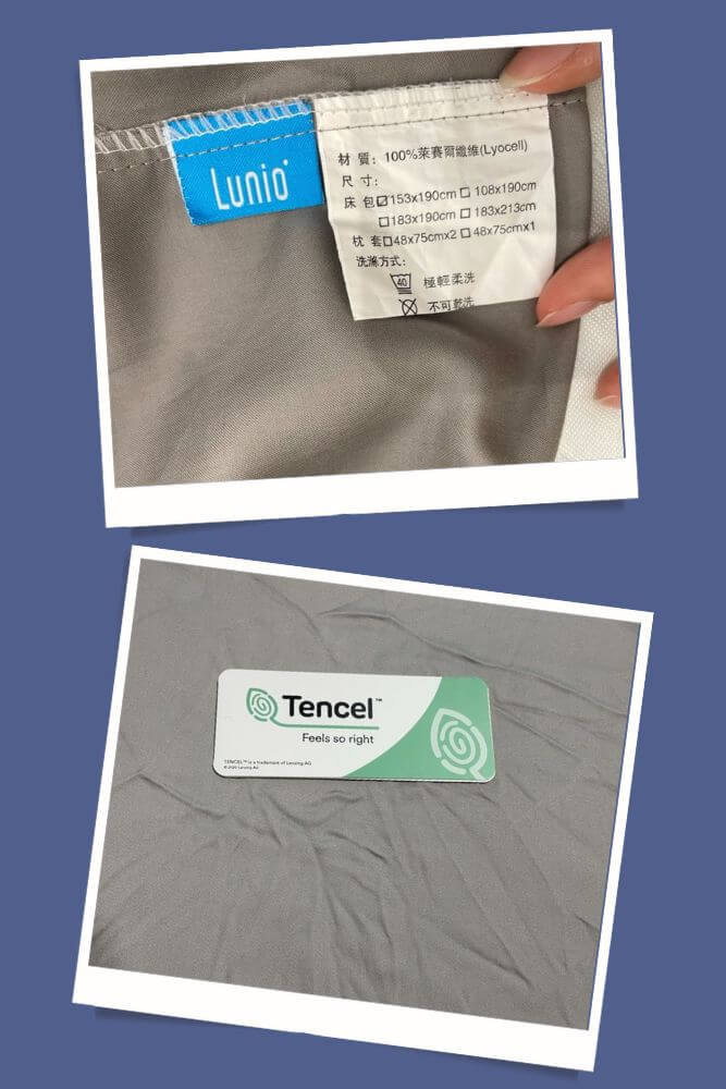 Lunio天絲床包的產品標示，以及天絲吊牌