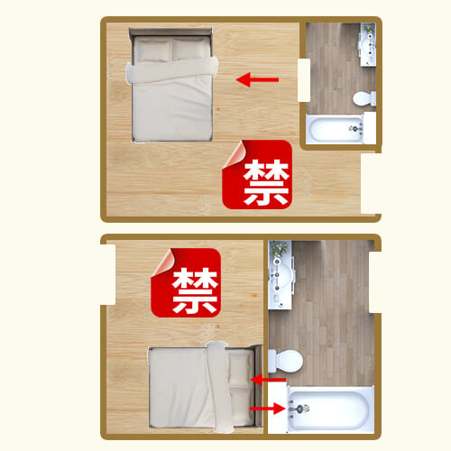 床靠廁所牆，廁所門對床