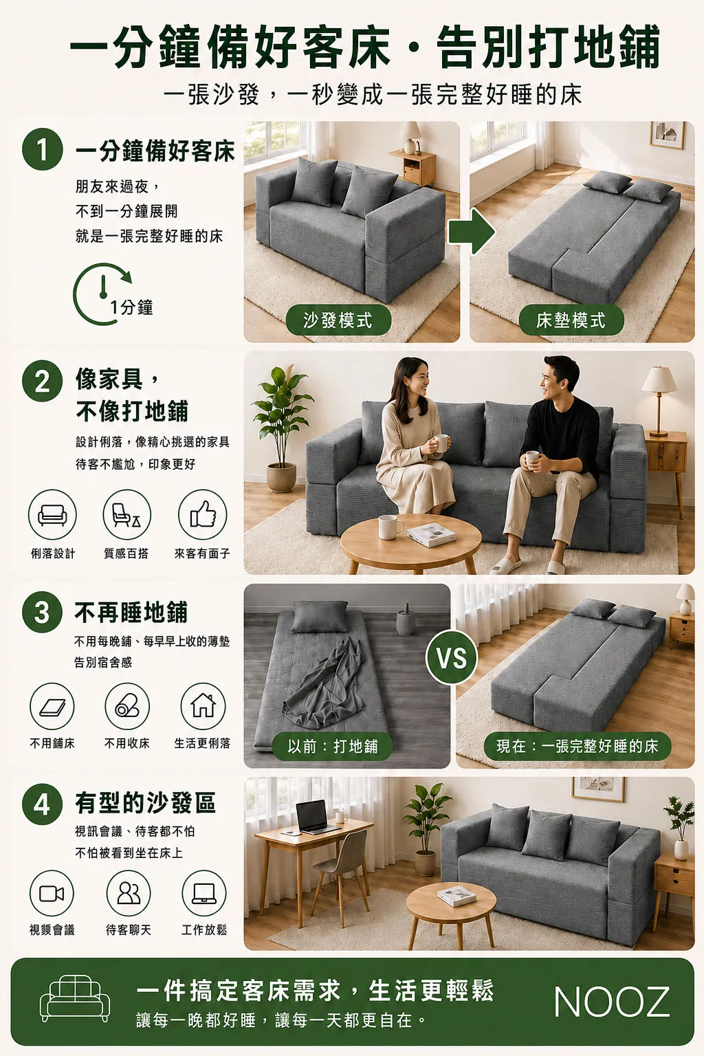 Nooz Mellow 沙發床 使用方式