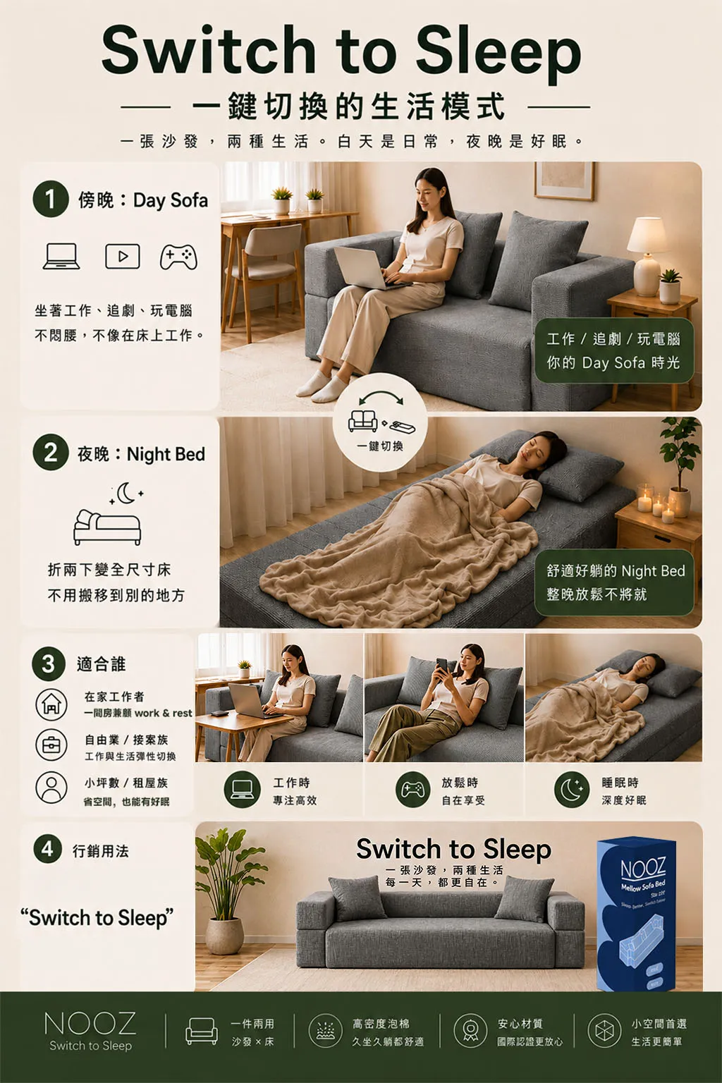 Nooz Mellow 沙發床 使用方式